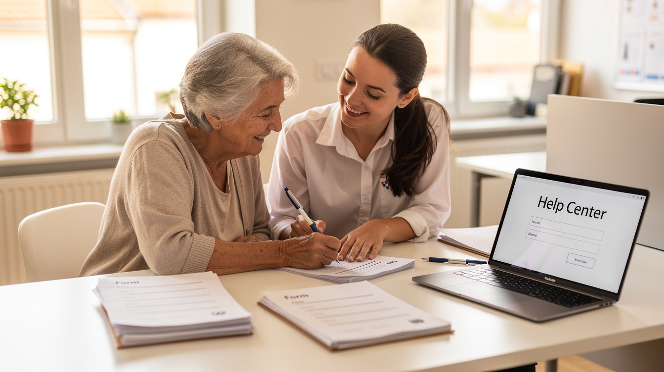 Volunteer helping a senior woman with paperwork at a help desk