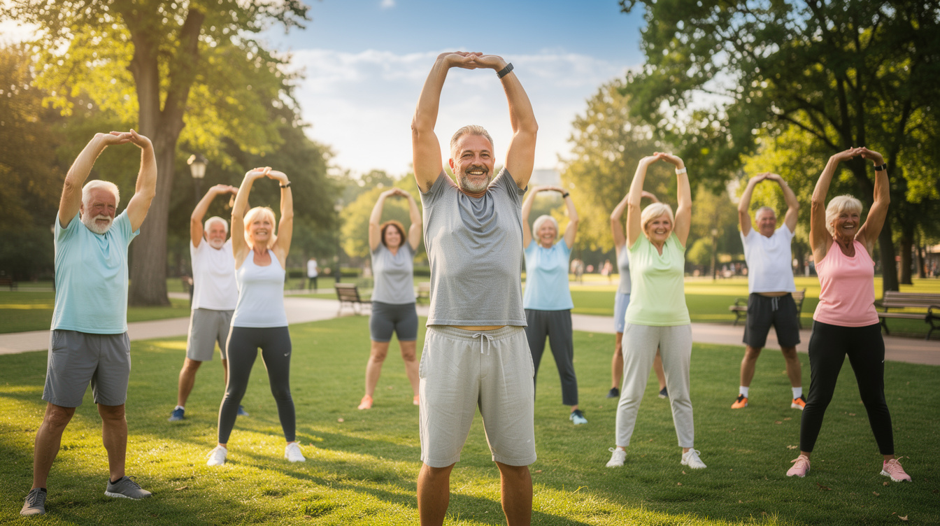 Seniors doing outdoor group exercise and stretching